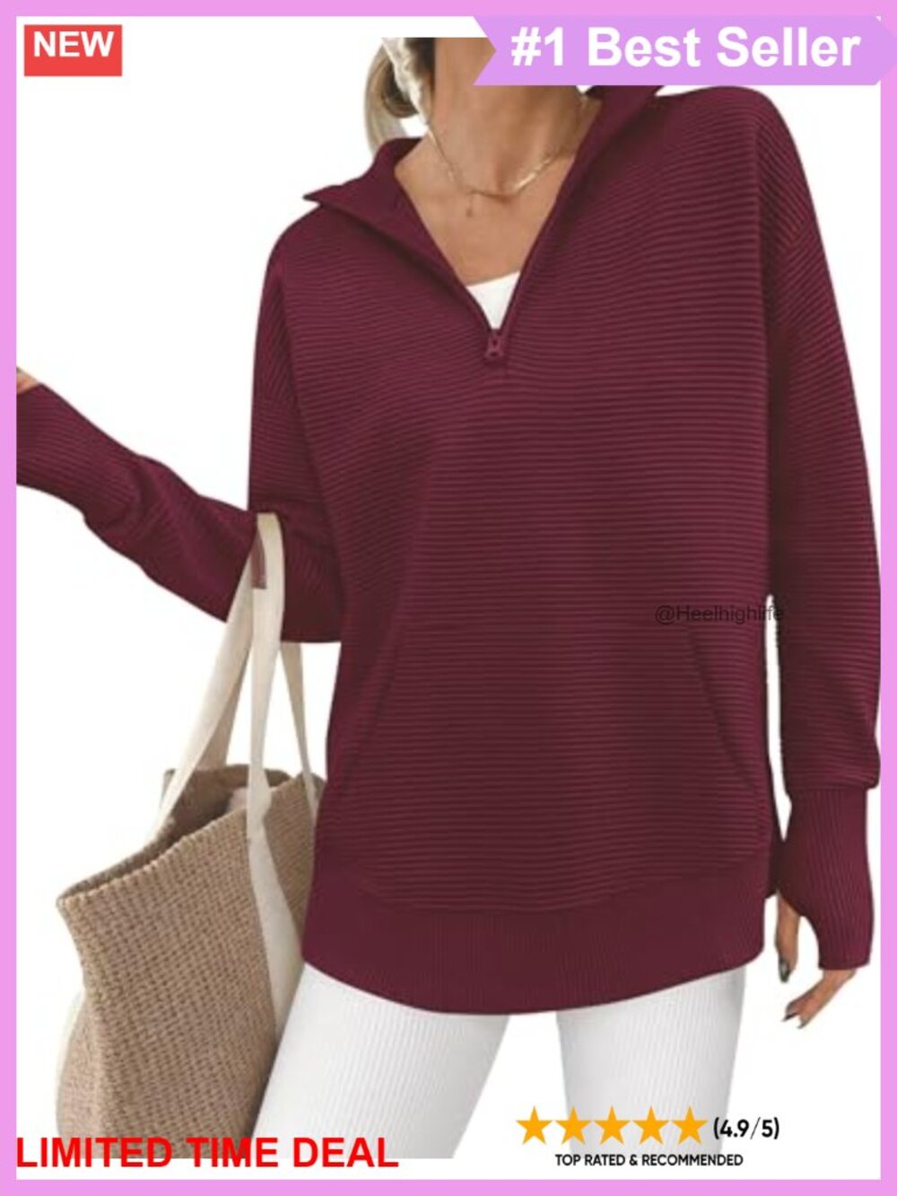 Quarter Zip Sweater with Thumb Hole & Kangaroo Pocket Loose Fit V-Neck Pullover